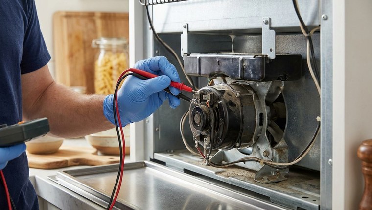 Technician testing an appliance part with a multimeter